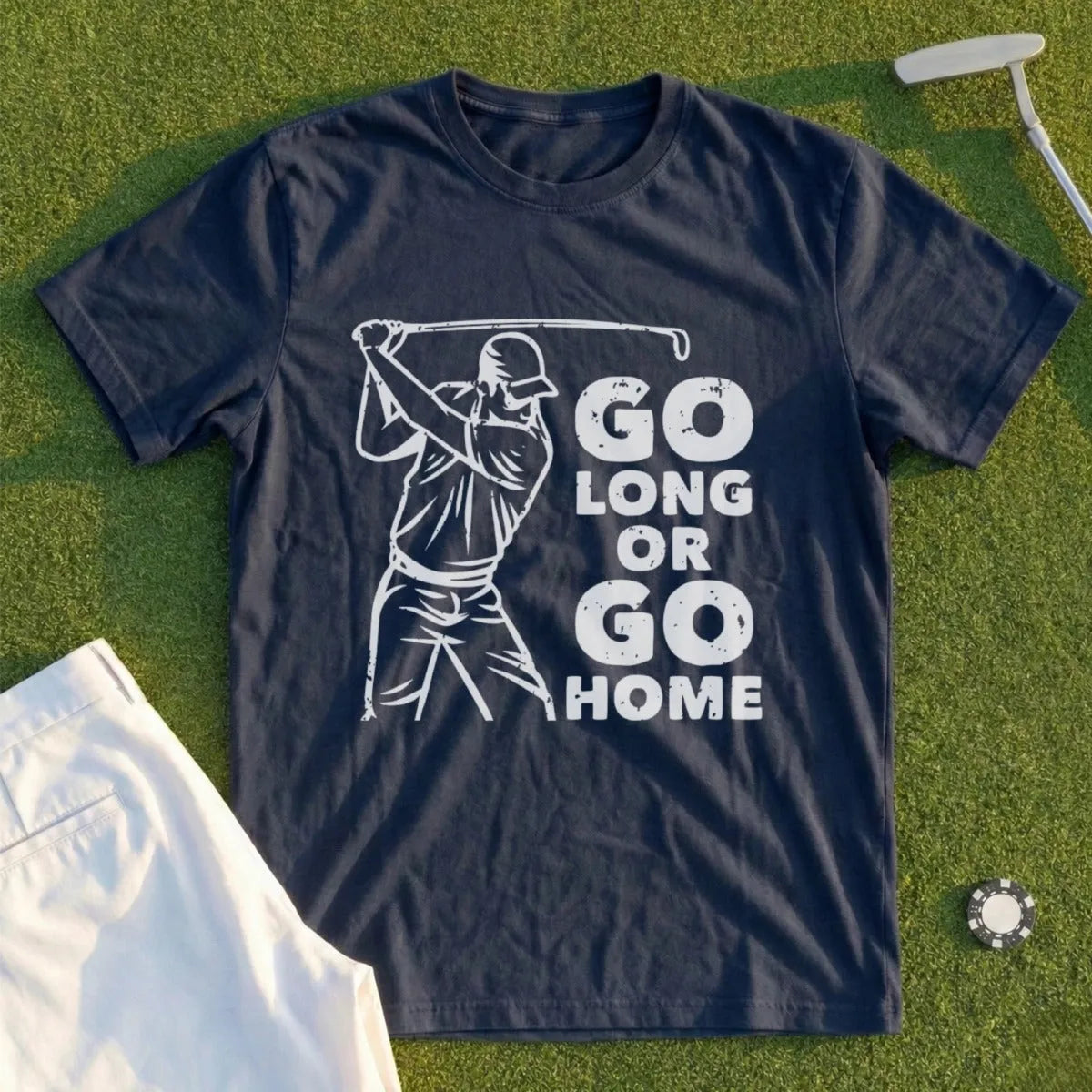 Navy t-shirt with "GO LONG OR GO HOME" text and golfer graphic.