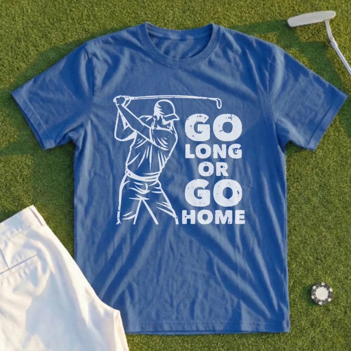 Blue t-shirt with golfer swinging and "GO LONG OR GO HOME" text.