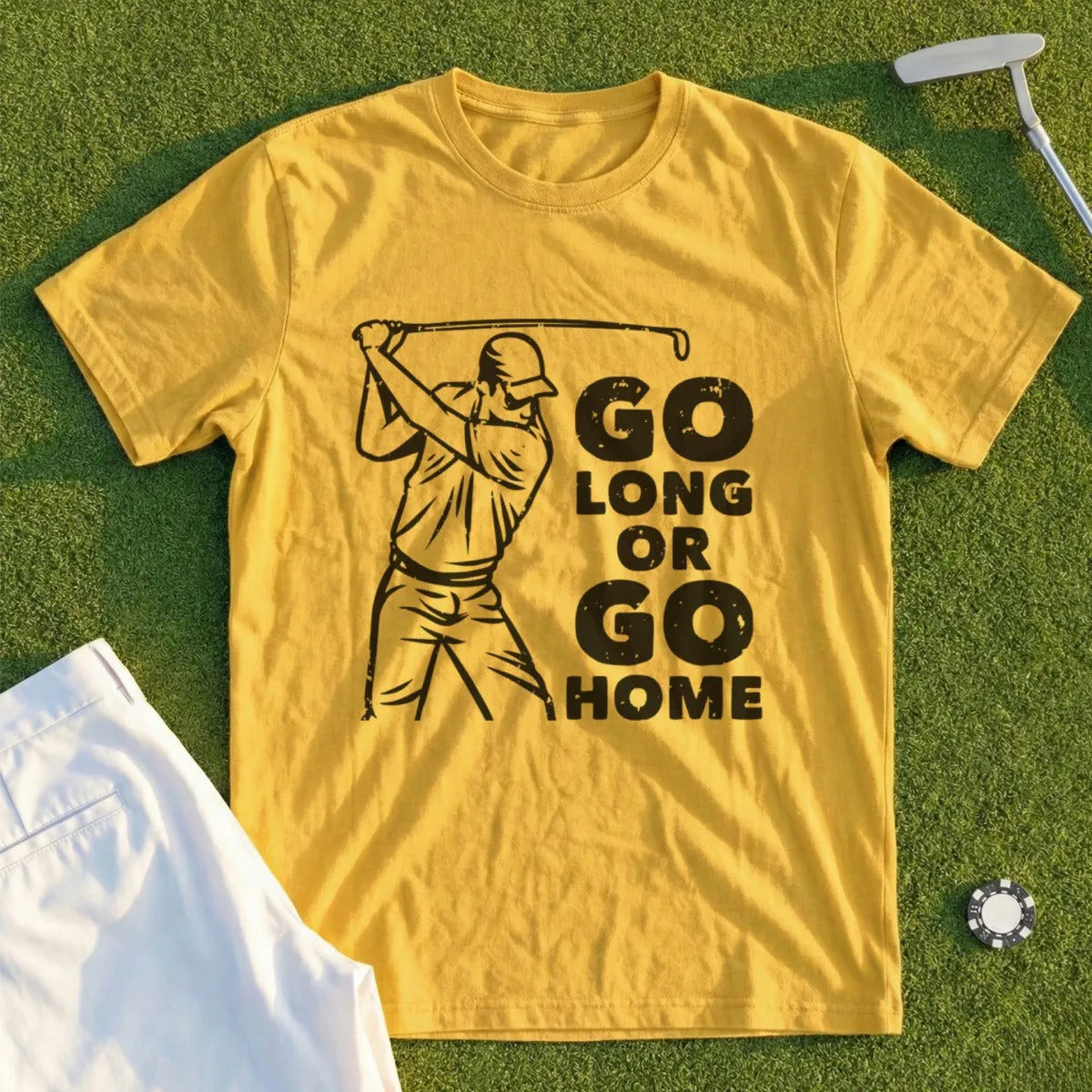Yellow t-shirt with "Go Long or Go Home" text and golfer graphic.