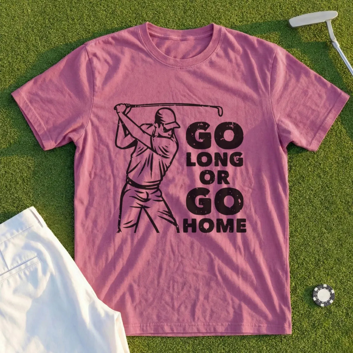 T-shirt with golfer graphic and "GO LONG OR GO HOME" text.