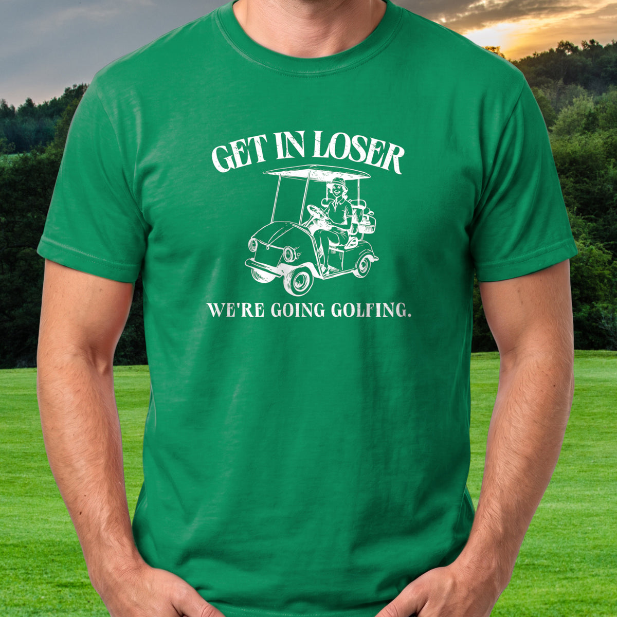 Going Golfing Loser Tee worn on the golf course, Irish Green