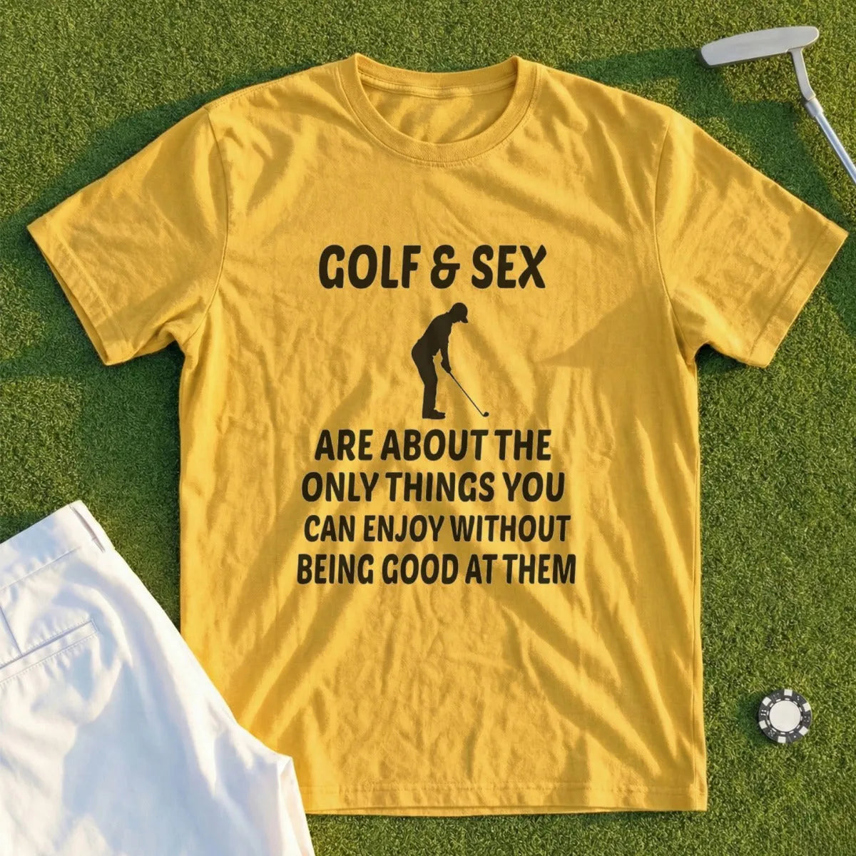 Yellow t-shirt with "GOLF & SEX" text and a golfer graphic.
