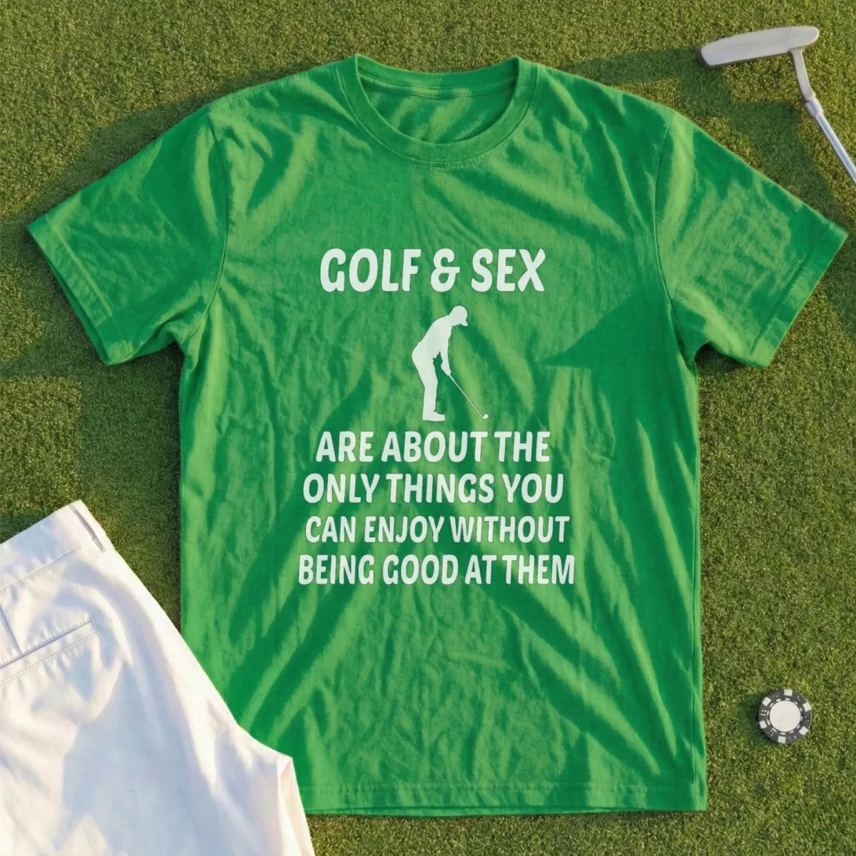 Green t-shirt with text about golf and sex.