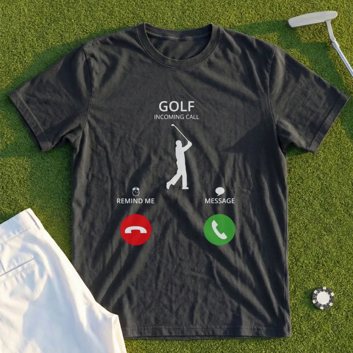 Black t-shirt with "Golf Incoming Call" and phone call icons.