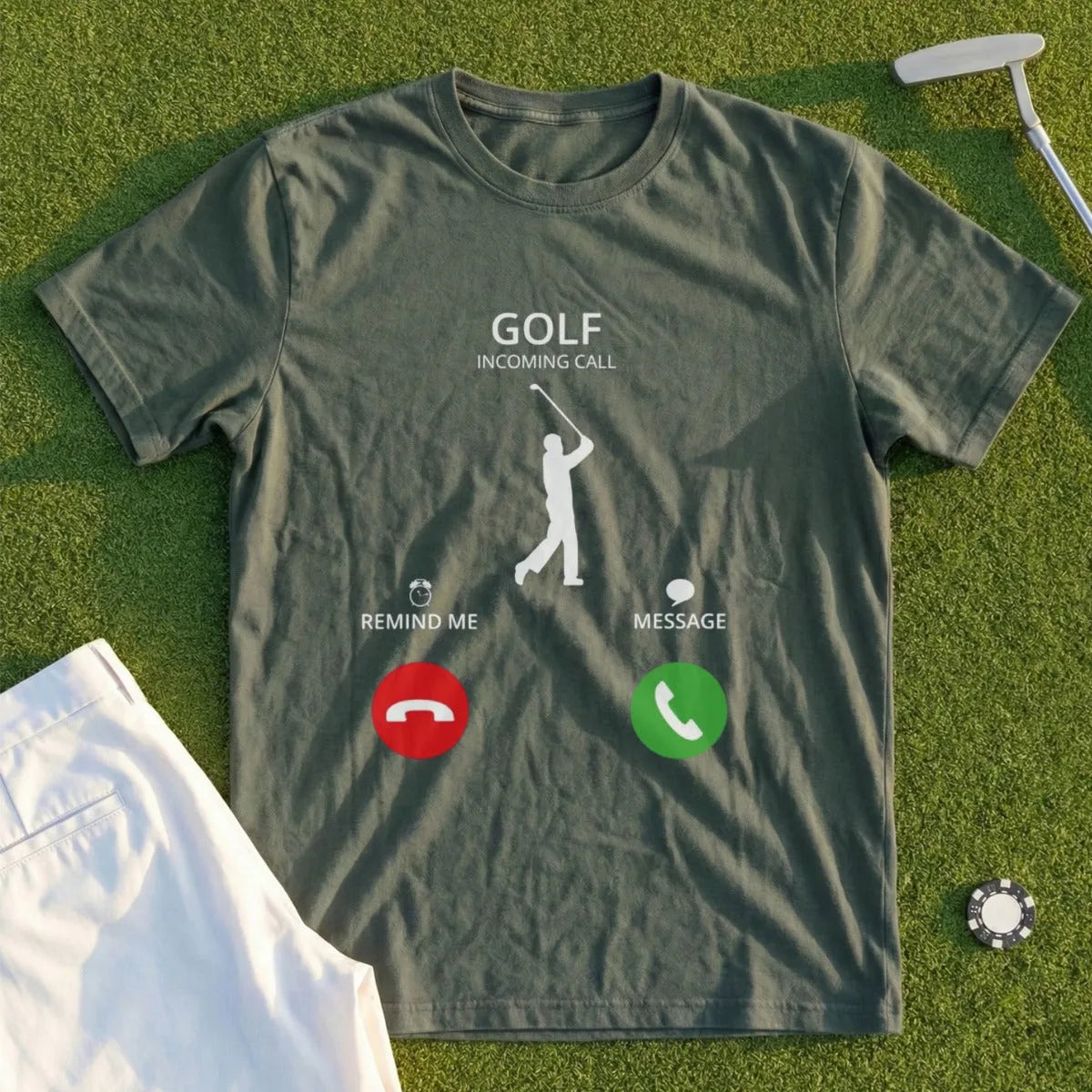 Olive green t-shirt with "GOLF INCOMING CALL" and golf silhouette.