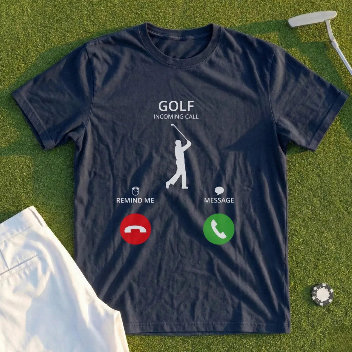 Navy t-shirt with "Golf Incoming Call" design and golf graphics.