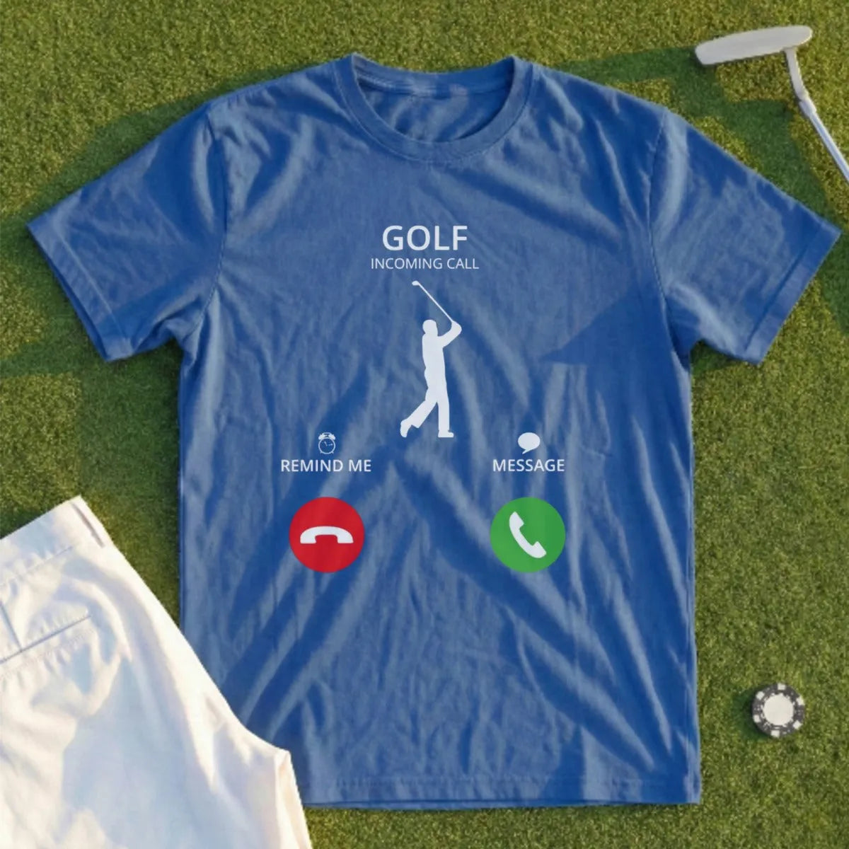 Blue t-shirt with "Golf Incoming Call" and golf silhouette.