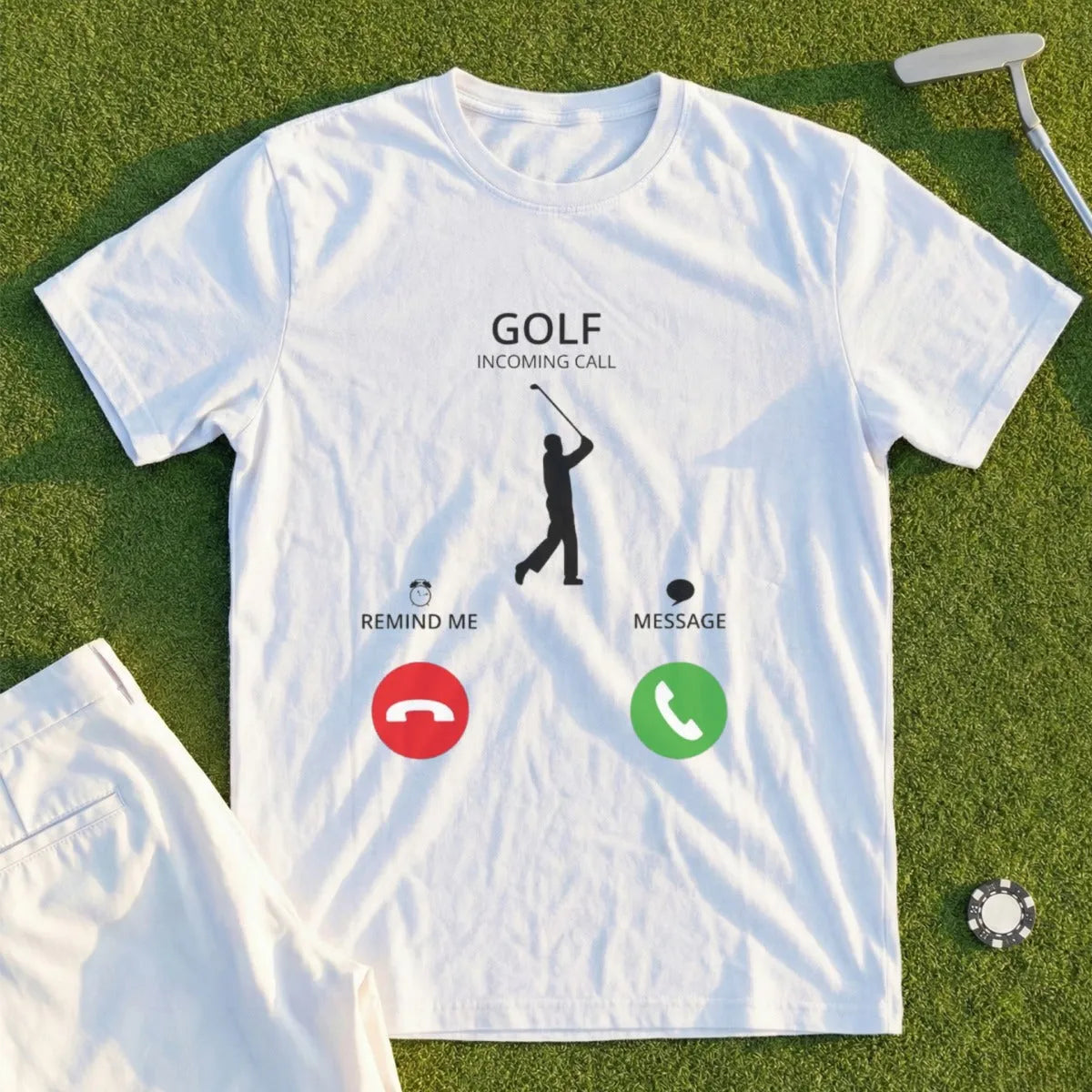 White t-shirt with "GOLF INCOMING CALL" and golf icons.