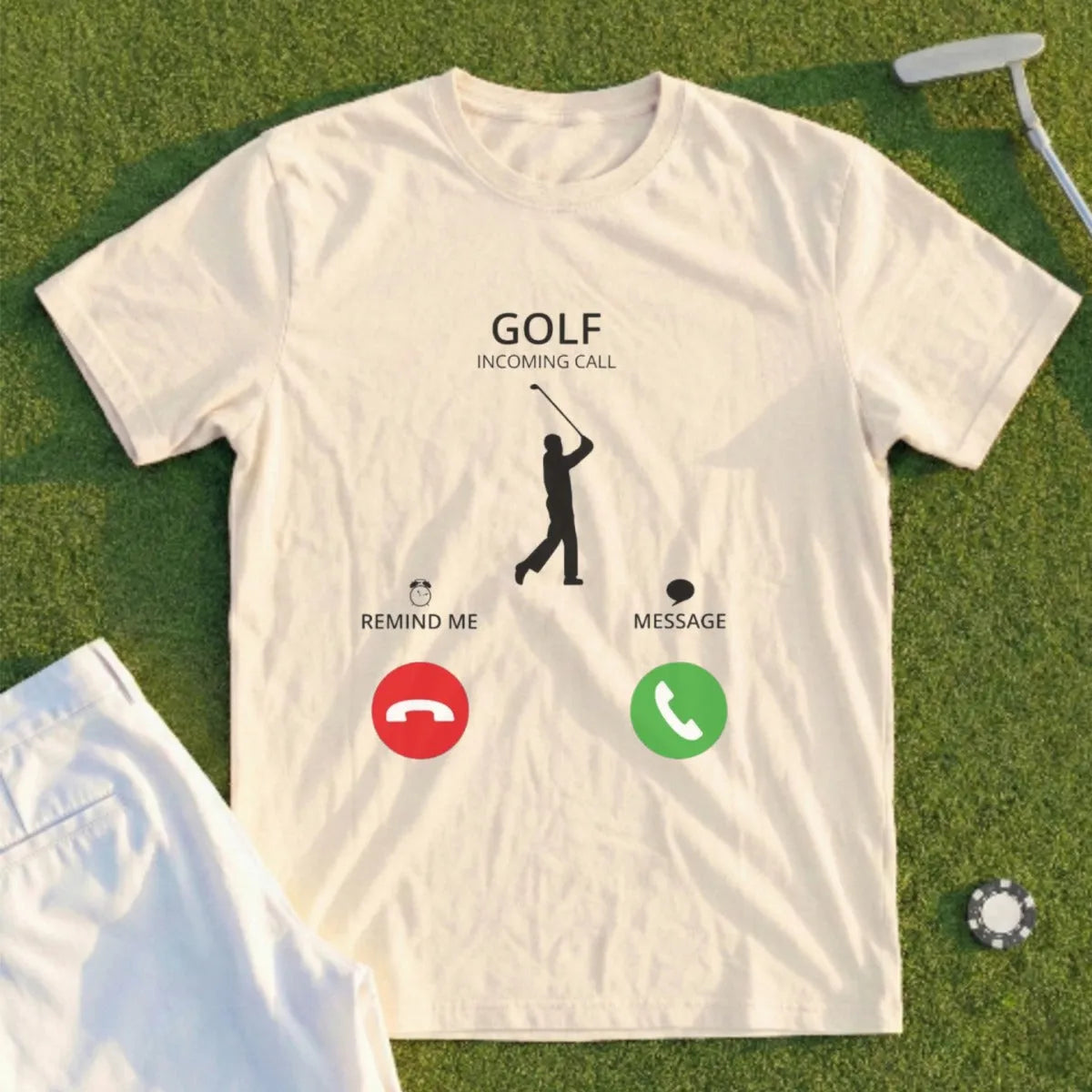 Cream t-shirt with "GOLF INCOMING CALL" and golf silhouette.
