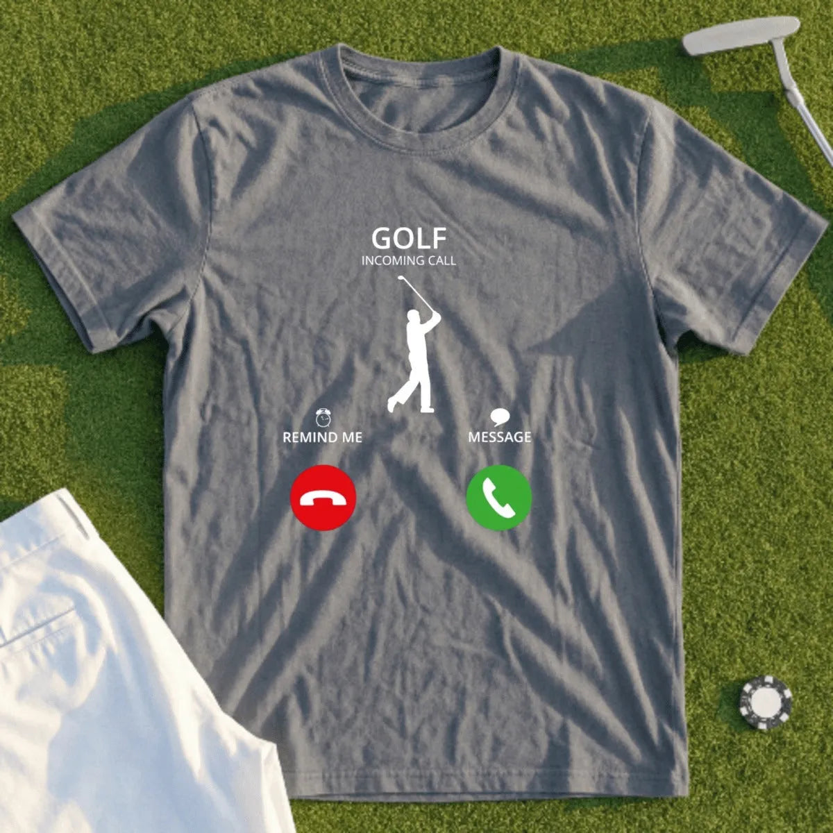Gray t-shirt with "GOLF INCOMING CALL" and golf-themed call buttons.
