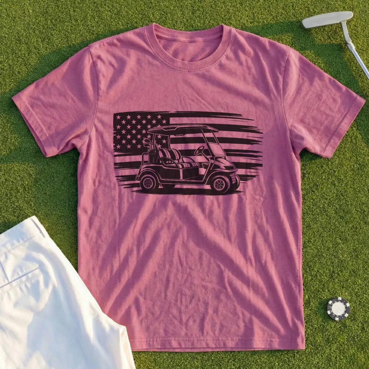 Golf cart graphic on pink t-shirt with American flag stripes.