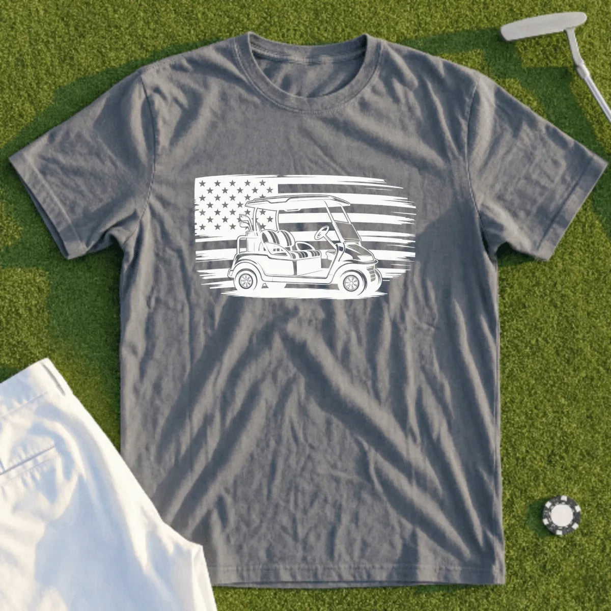 Gray t-shirt with white golf cart and American flag graphic.