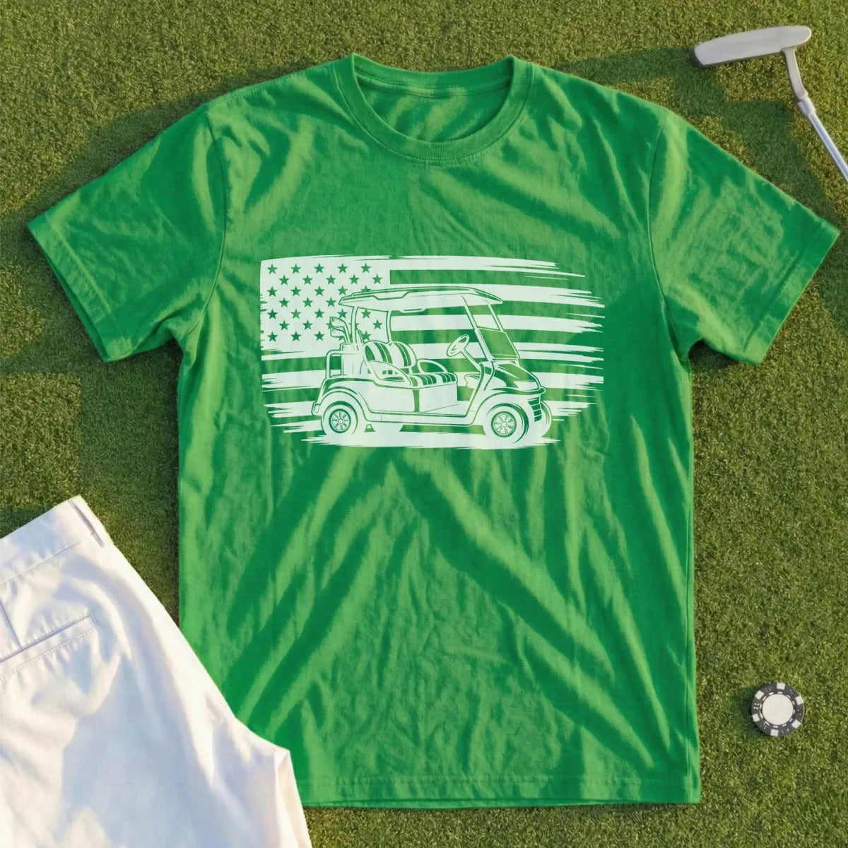 Green t-shirt with white golf cart and American flag graphic.