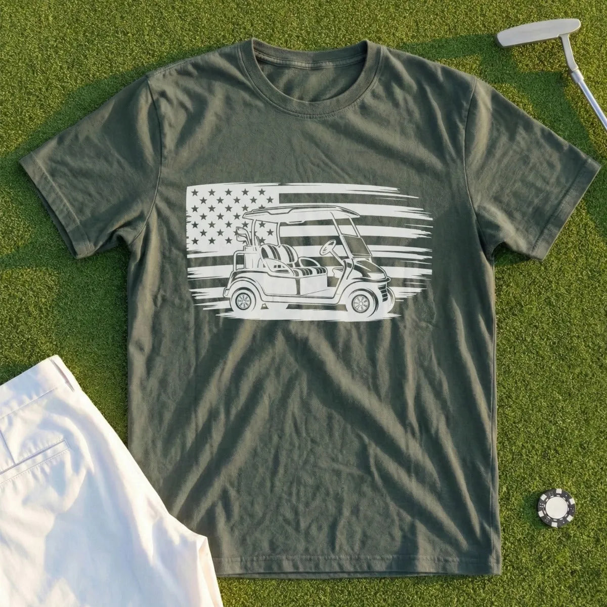 Green t-shirt with white golf cart and American flag graphic.