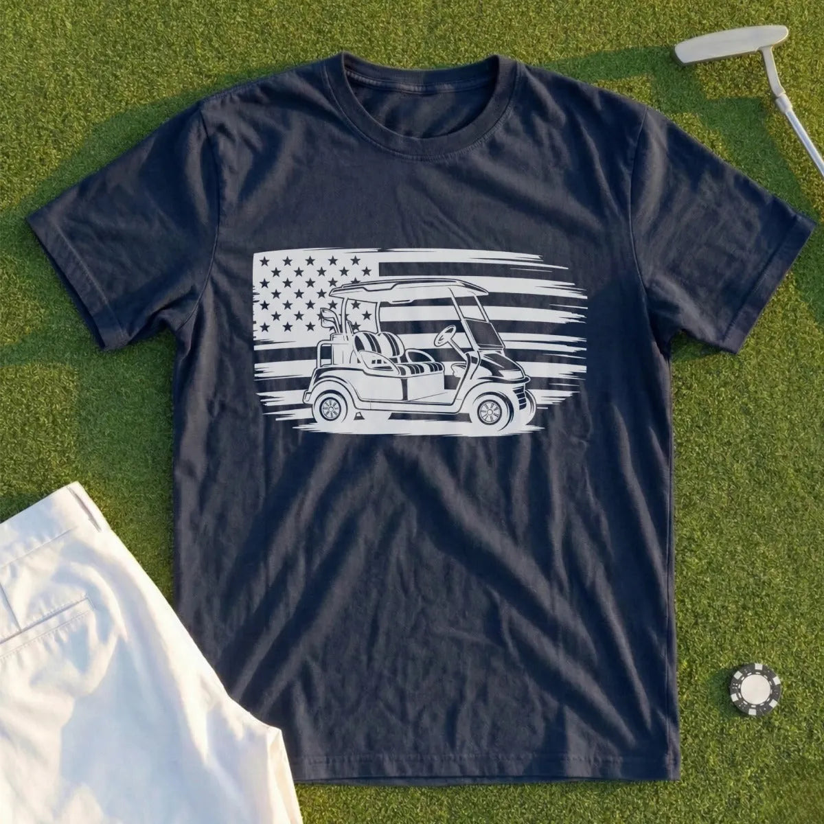 Navy t-shirt with white golf cart and American flag graphic.