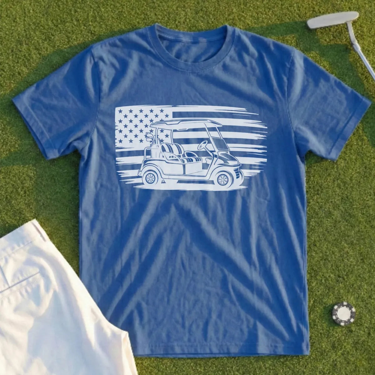 Blue t-shirt with white American flag and golf cart graphic.