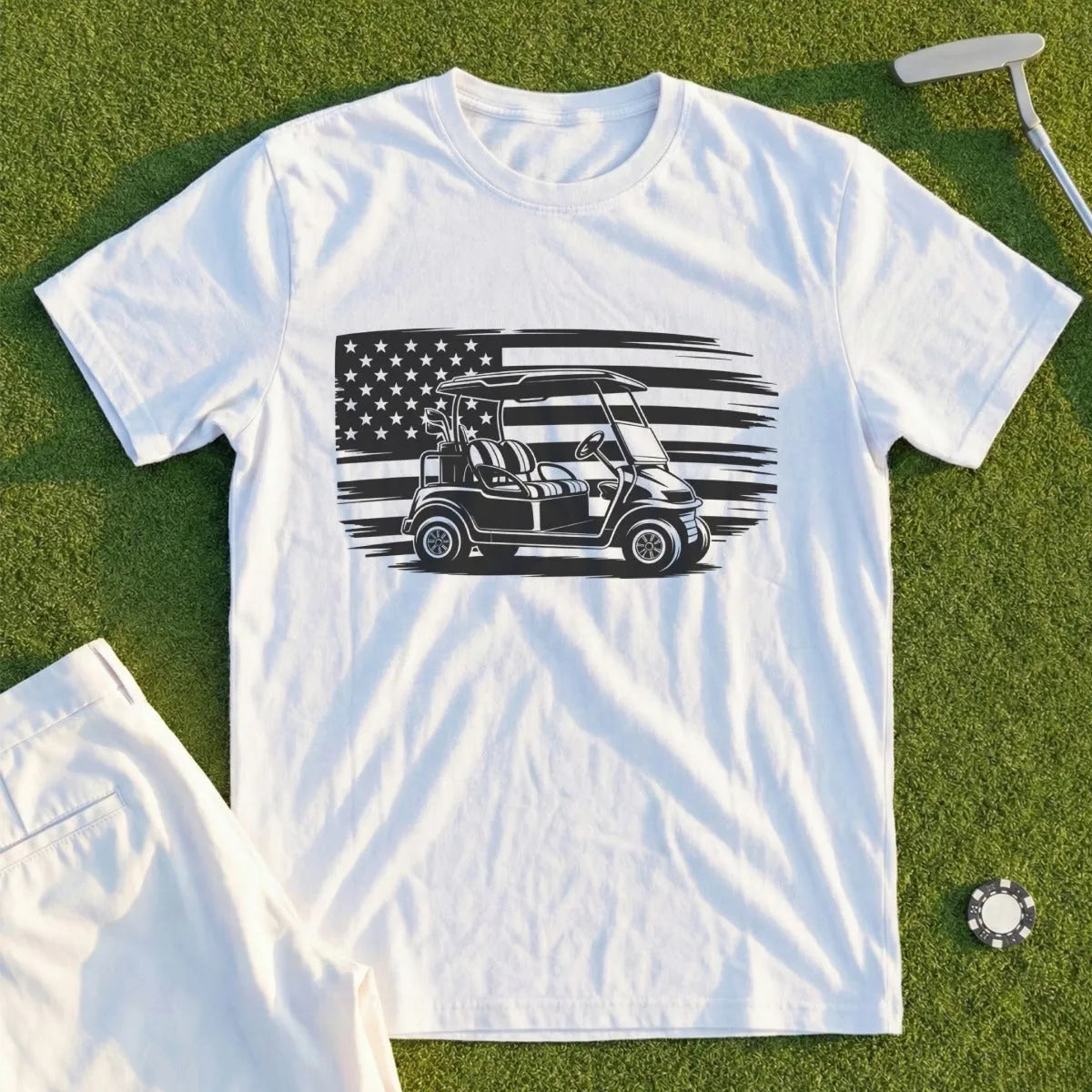 White t-shirt with black golf cart and American flag graphic.