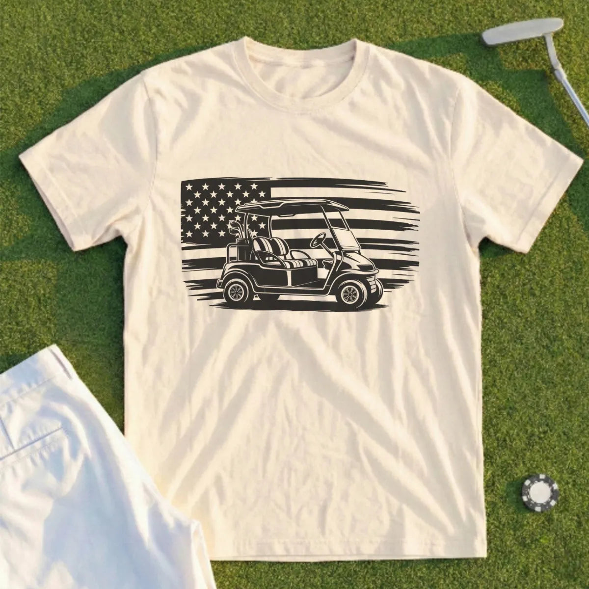 Cream t-shirt with black golf cart and American flag graphic.
