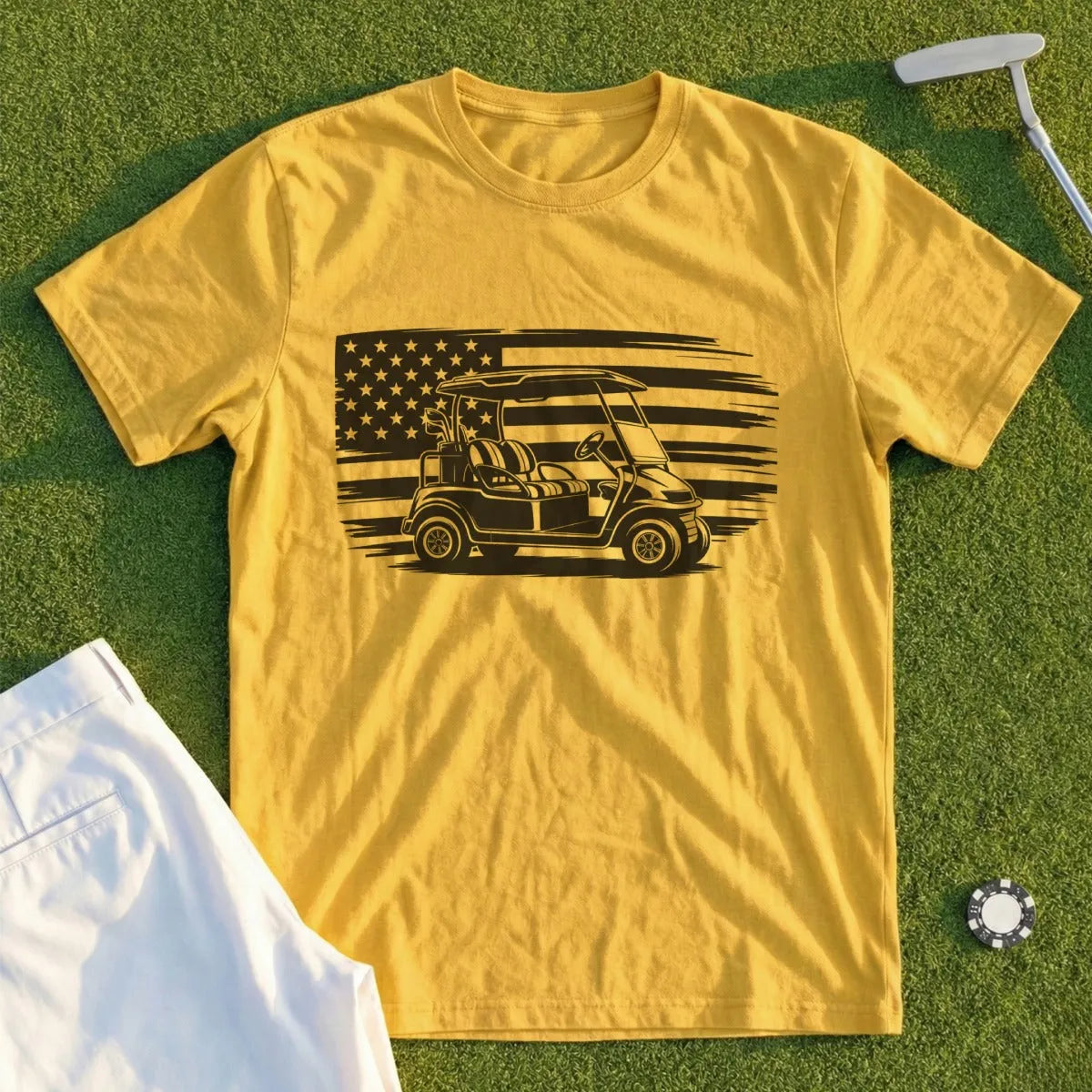 Yellow t-shirt with black golf cart and American flag graphic.