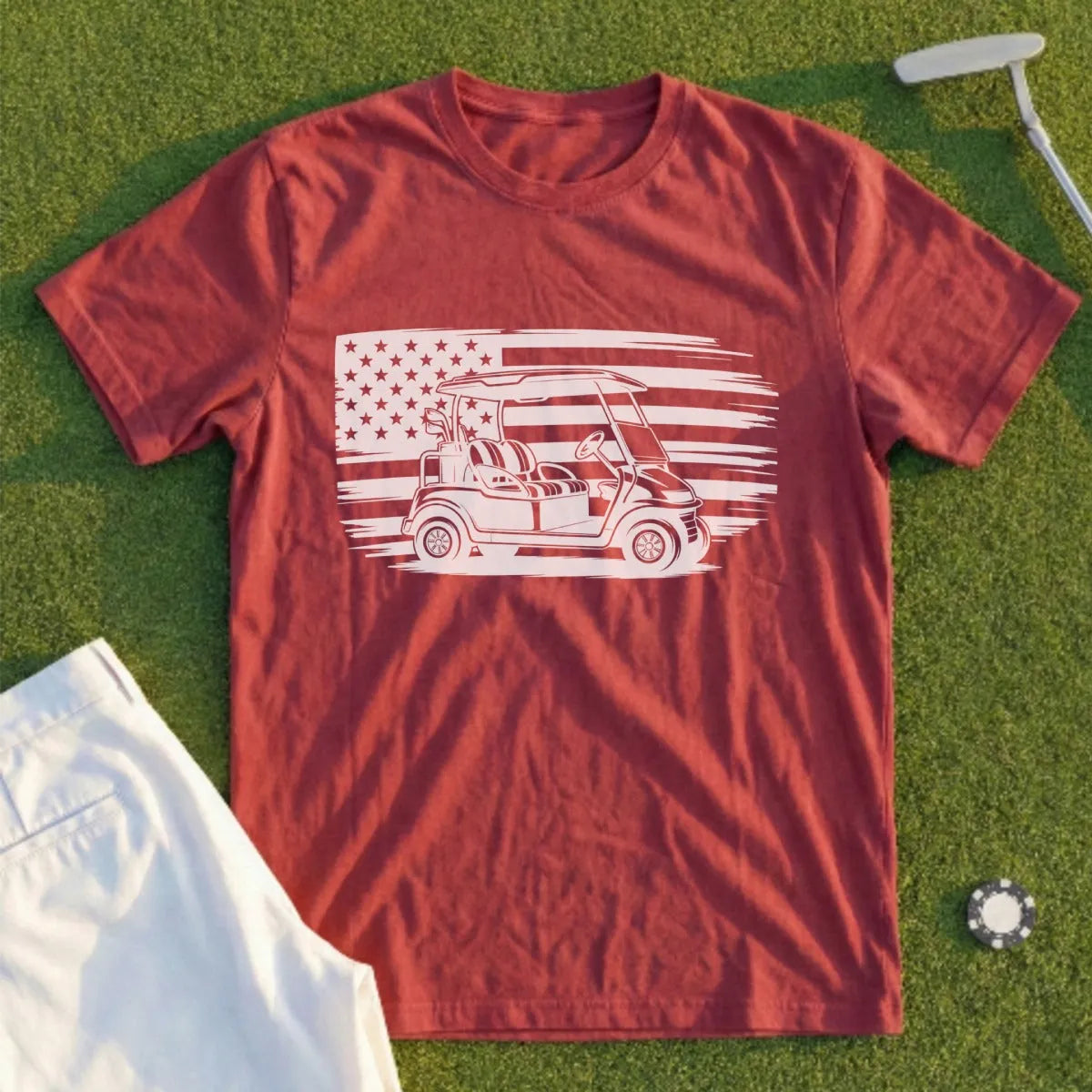 Maroon t-shirt with white golf cart and American flag graphic.