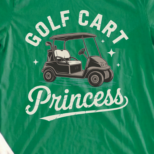 Golf Cart Princess Tee, print close-up on Irish Green