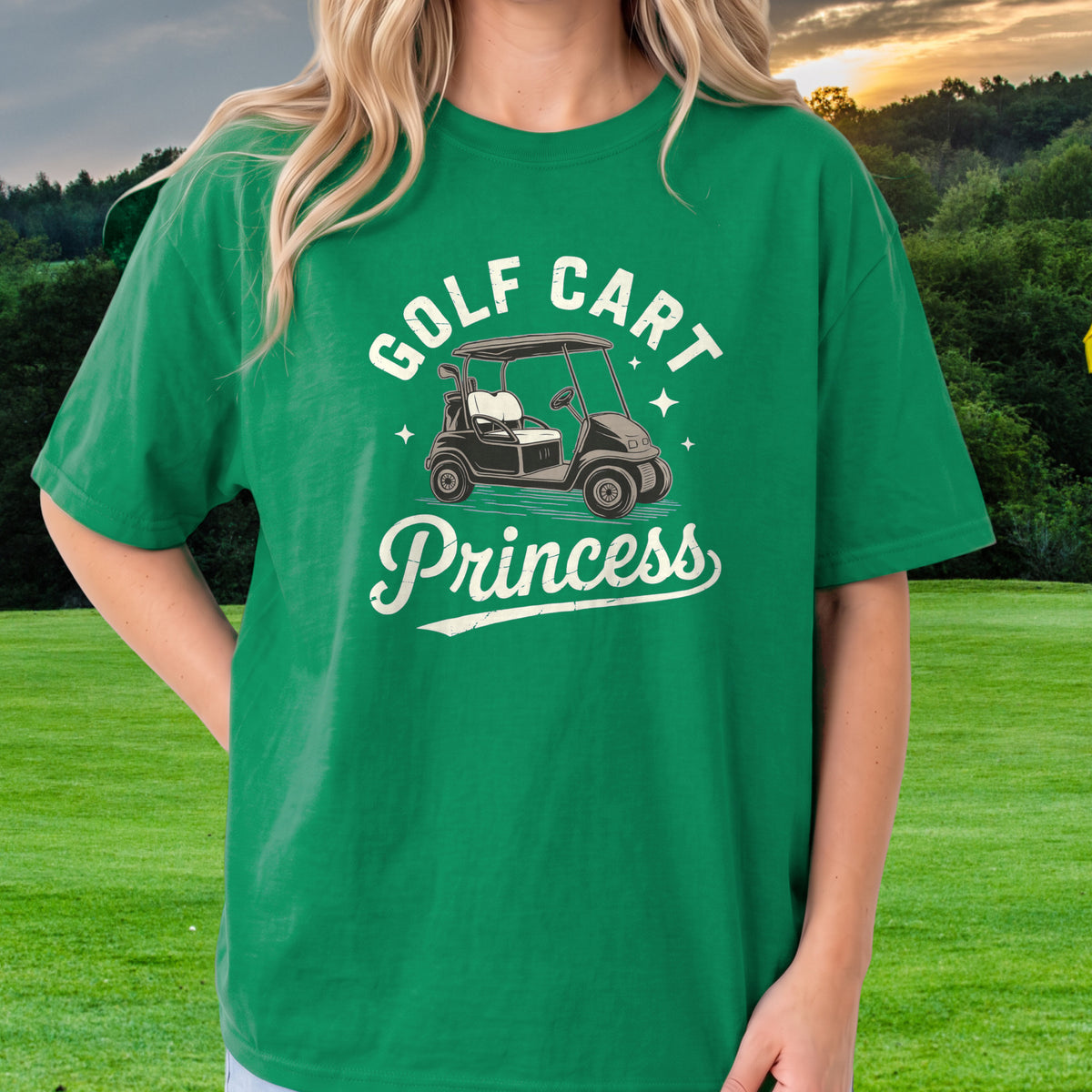 Golf Cart Princess Tee worn on the golf course, Irish Green