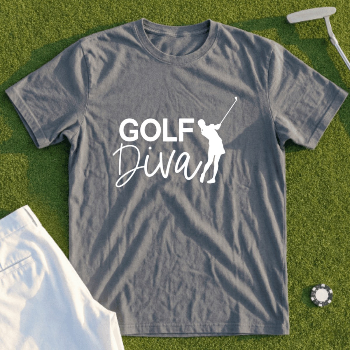 Gray t-shirt with "Golf Diva" text and golfer graphic.