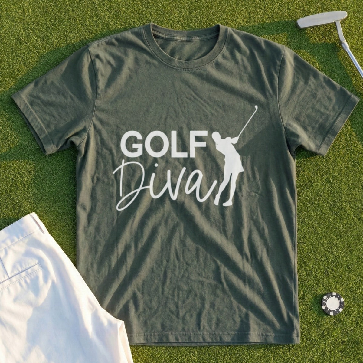 Olive green t-shirt with "Golf Diva" and a golfer graphic.
