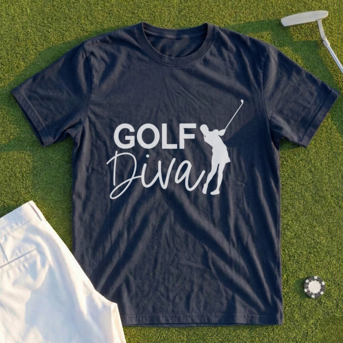 Navy t-shirt with white "Golf Diva" text and silhouette of a golfer.