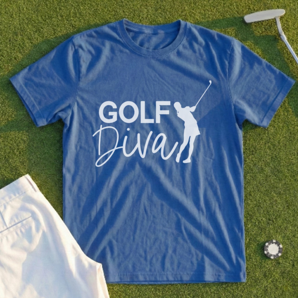 Blue t-shirt with "GOLF Diva" text and golfer graphic.
