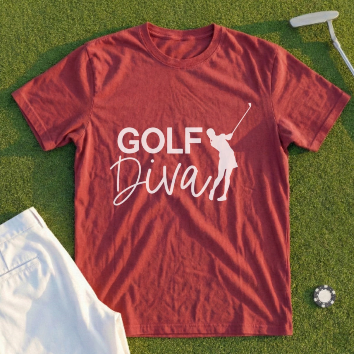 Burgundy t-shirt with "Golf Diva" text and golfer silhouette.