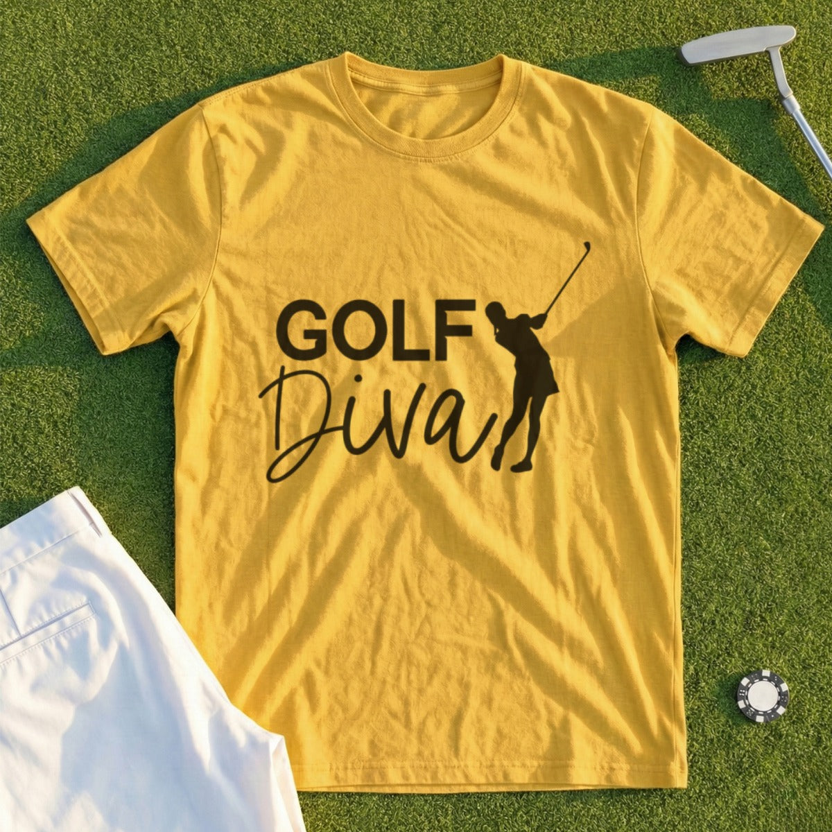 Yellow t-shirt with "Golf Diva" text and golfer silhouette.