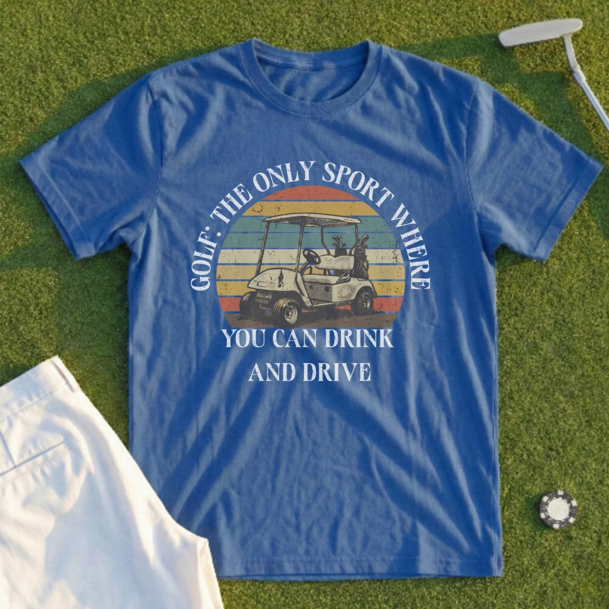 Blue t-shirt with golf cart graphic and text "Golf: The only sport where you can drink and drive."