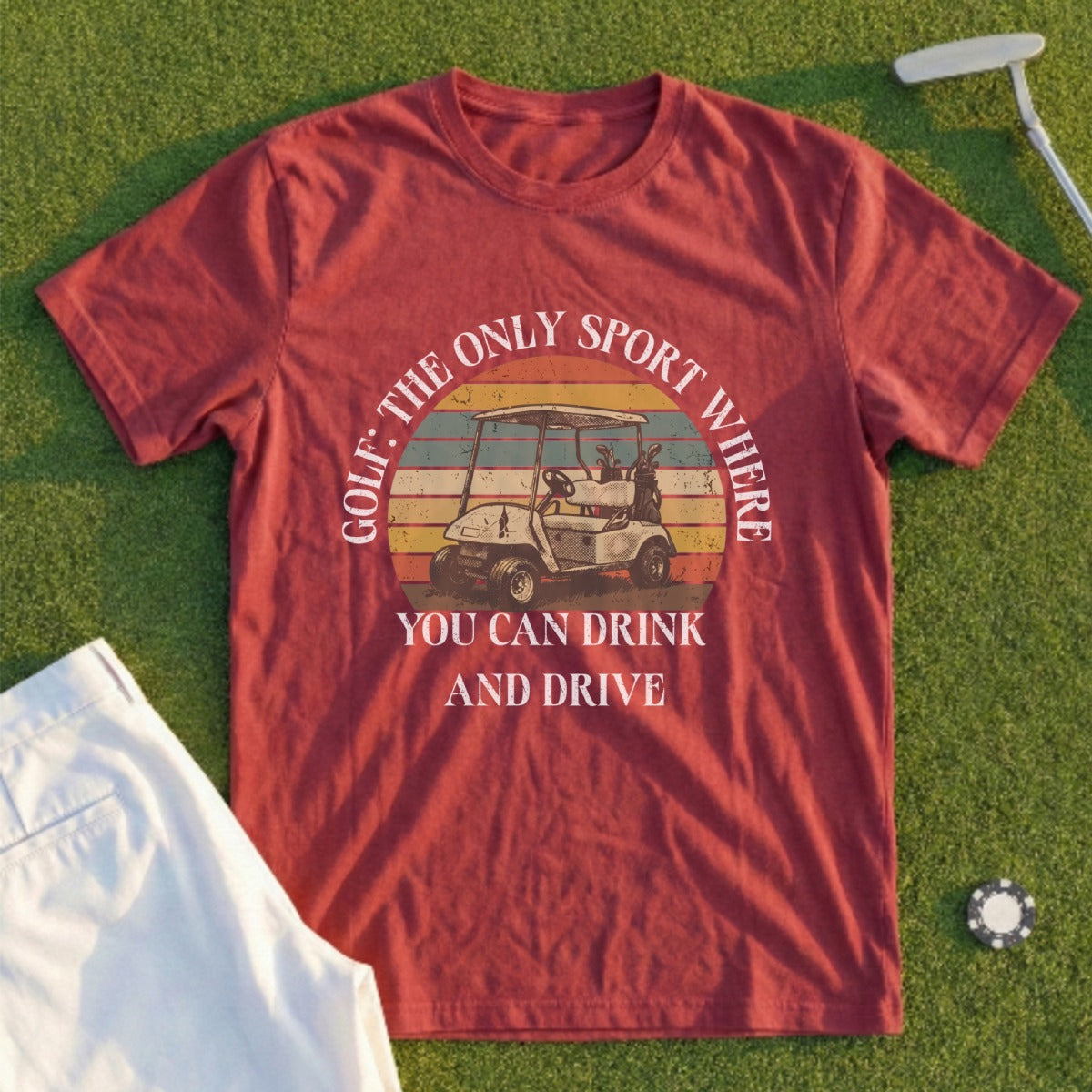Burgundy t-shirt with golf cart graphic and text: "Golf: The Only Sport Where You Can Drink and Drive."
