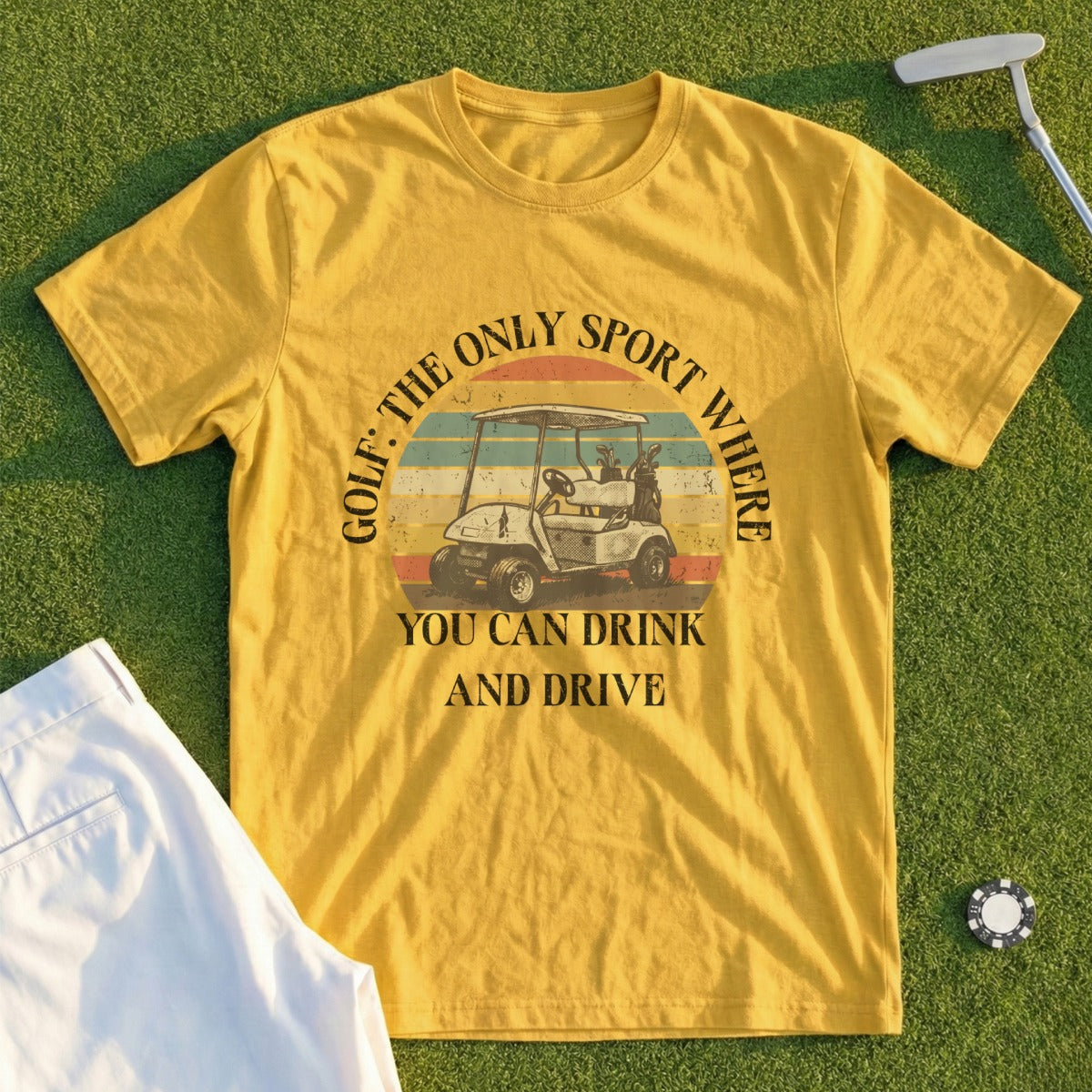 Yellow t-shirt with golf cart graphic and text "Golf: The Only Sport Where You Can Drink and Drive".