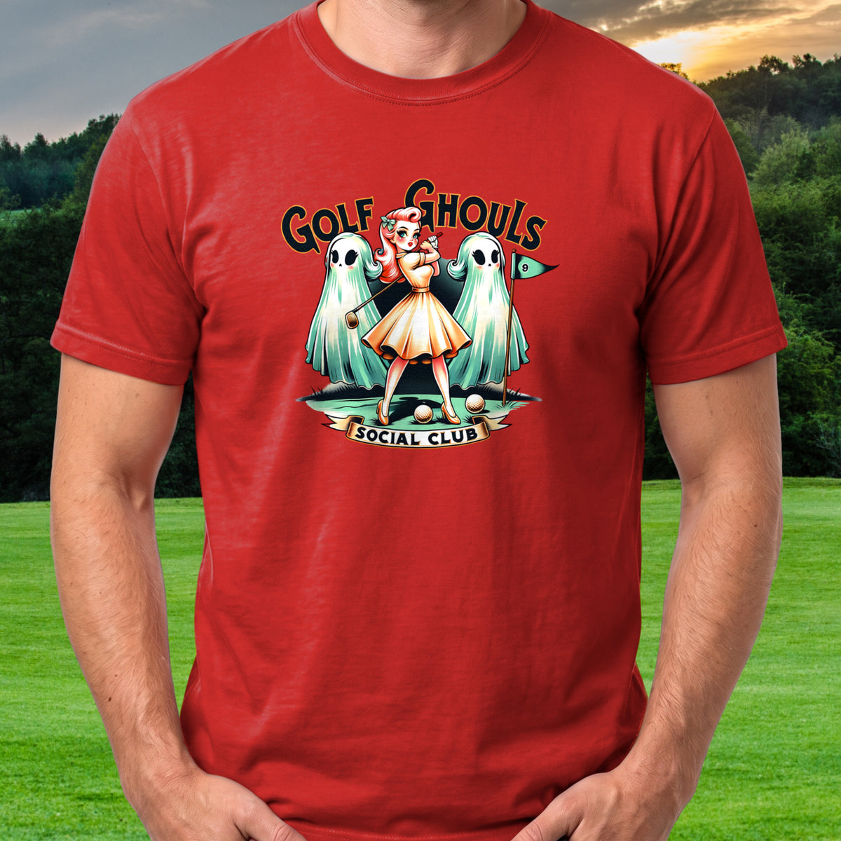 Golf Ghouls Social Club Tee worn on the golf course, Red