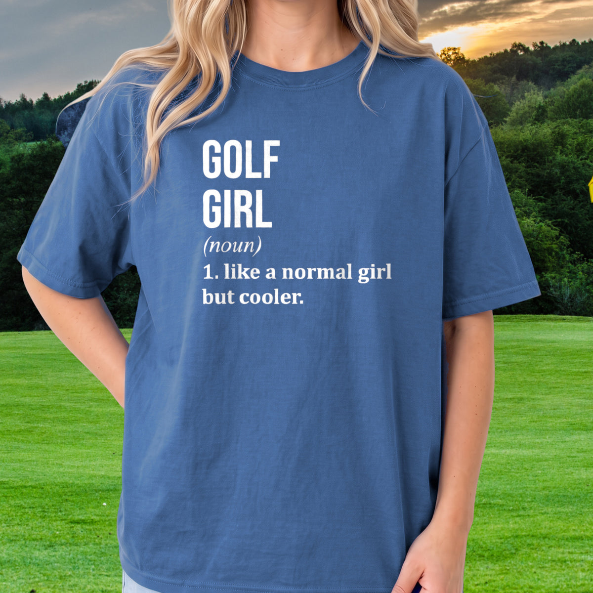 Golf Girl Tee worn on the golf course, Royal