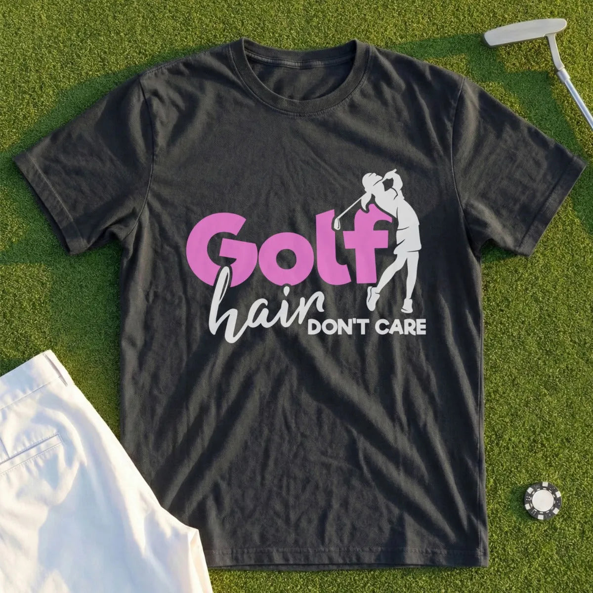 Dark grey t-shirt with "Golf hair DON'T CARE" and golfer graphic.