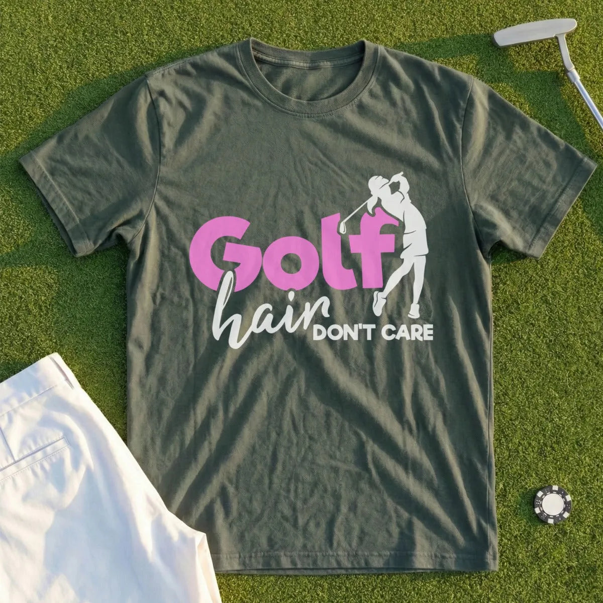 Green t-shirt with "Golf Hair Don't Care" text and golf silhouette.