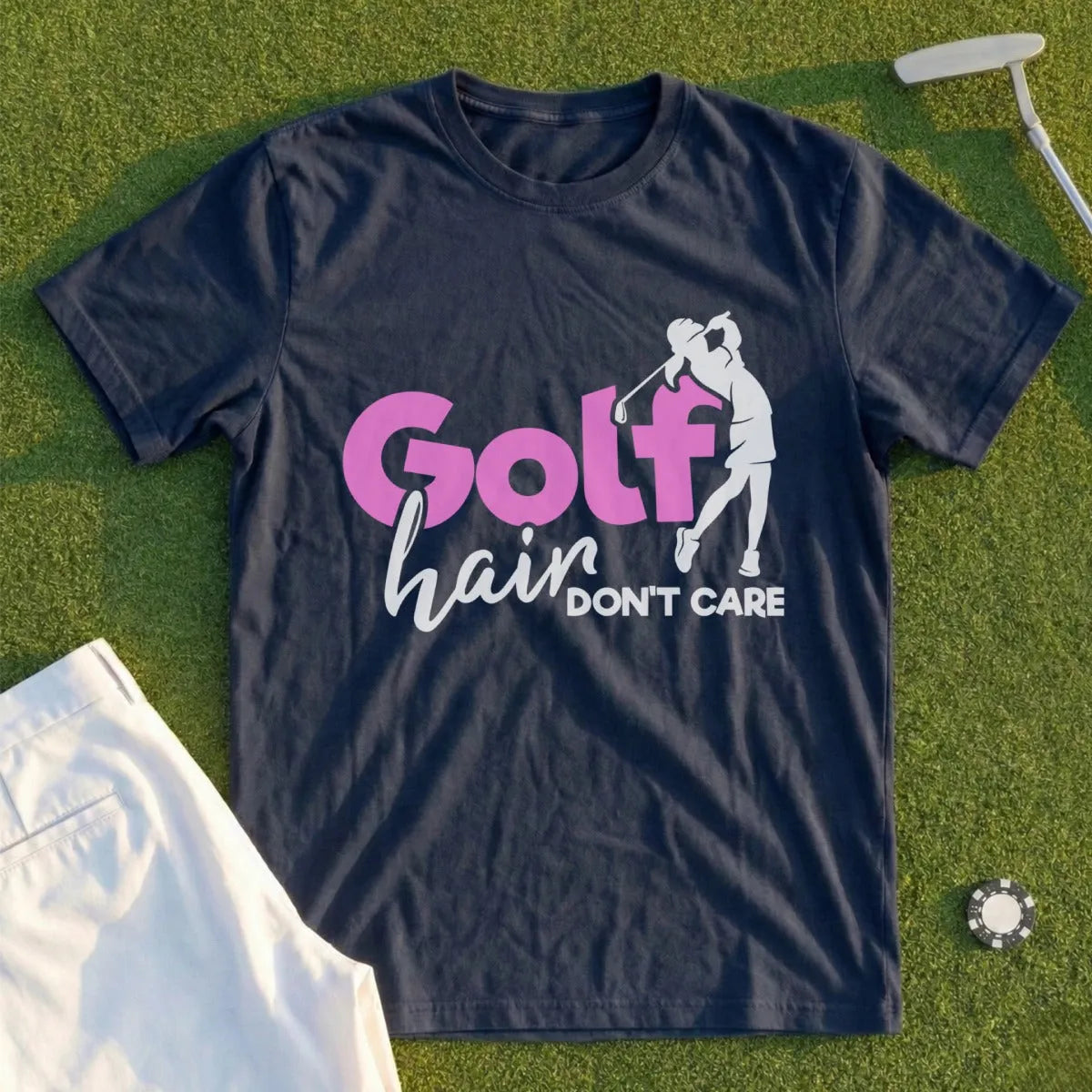 Dark blue t-shirt with "Golf hair DON'T CARE" text and golf swing graphic.