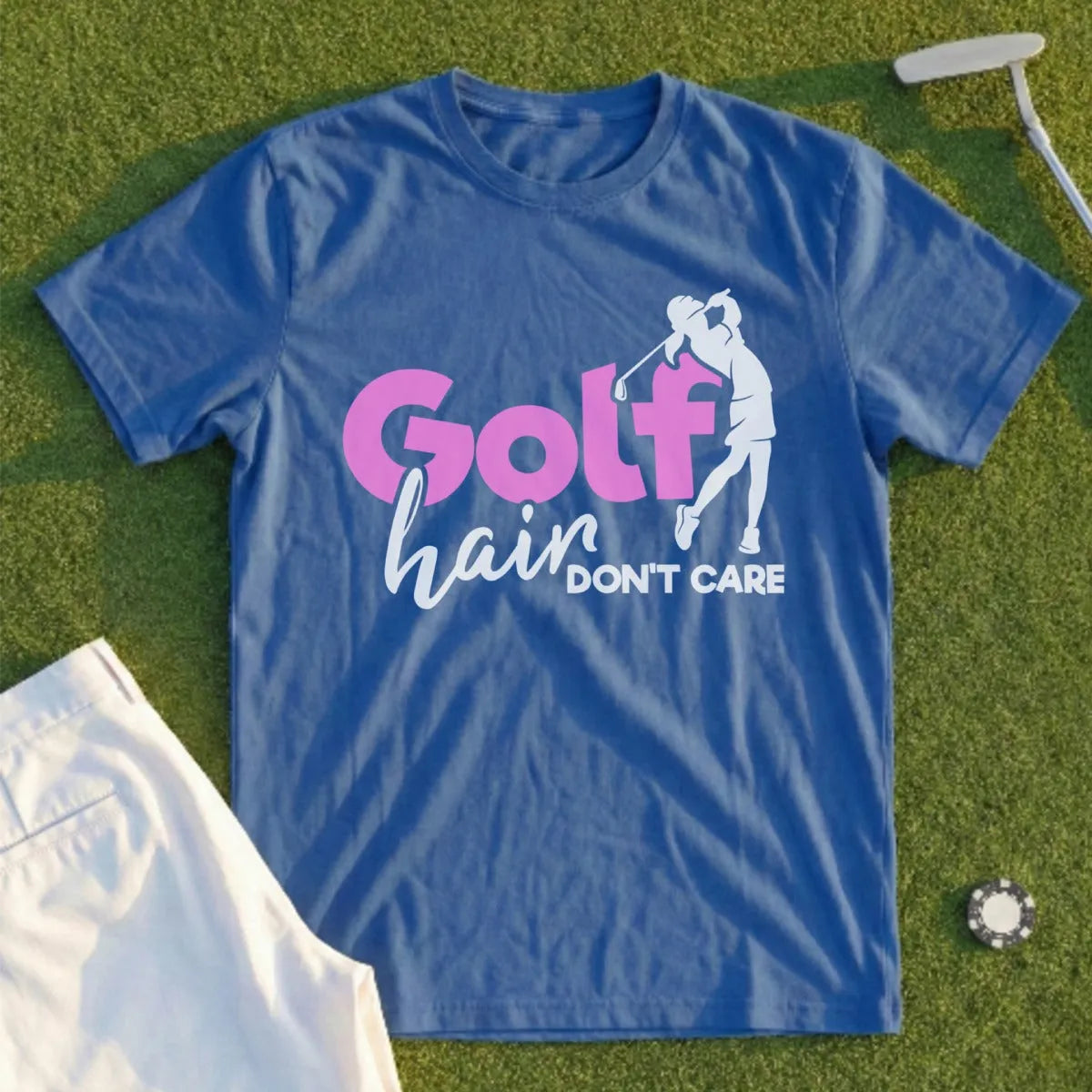 Blue t-shirt with pink "Golf hair DON'T CARE" text and golfer graphic.