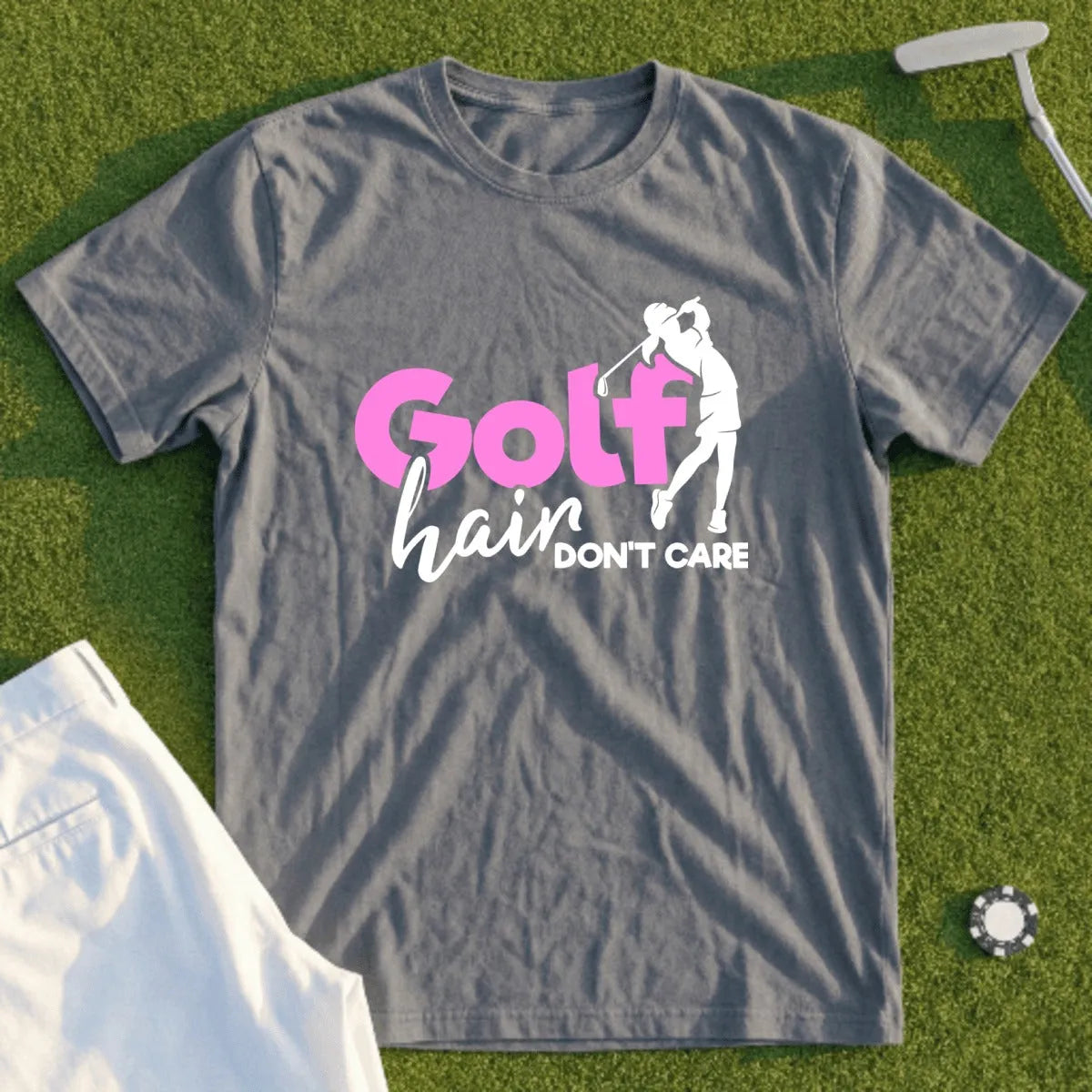 Gray t-shirt with "Golf hair DON'T CARE" text and golfer graphic.