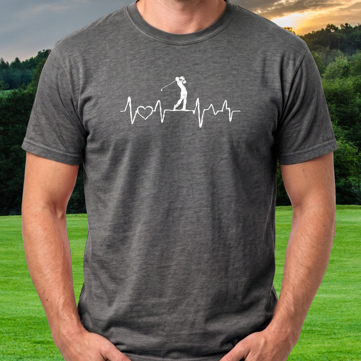 Golf Heartbeat Line Tee worn on the golf course, Dark Heather