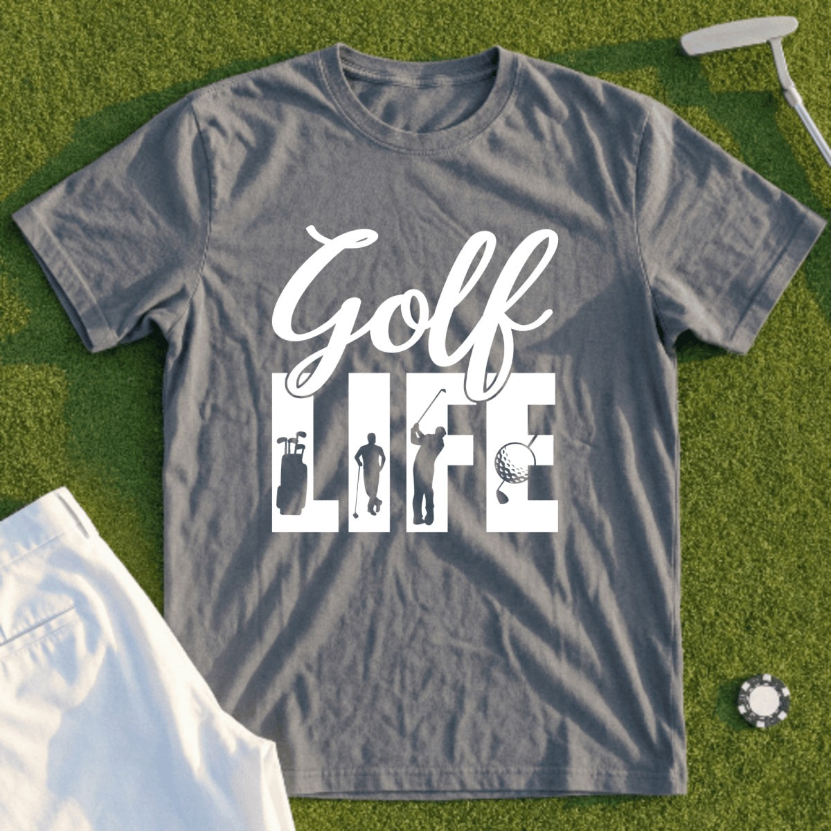 Golf Life graphic t-shirt with golf icons and figures.