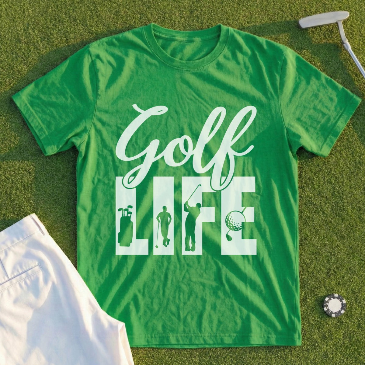 Green t-shirt with "Golf Life" text and golf-themed graphics.