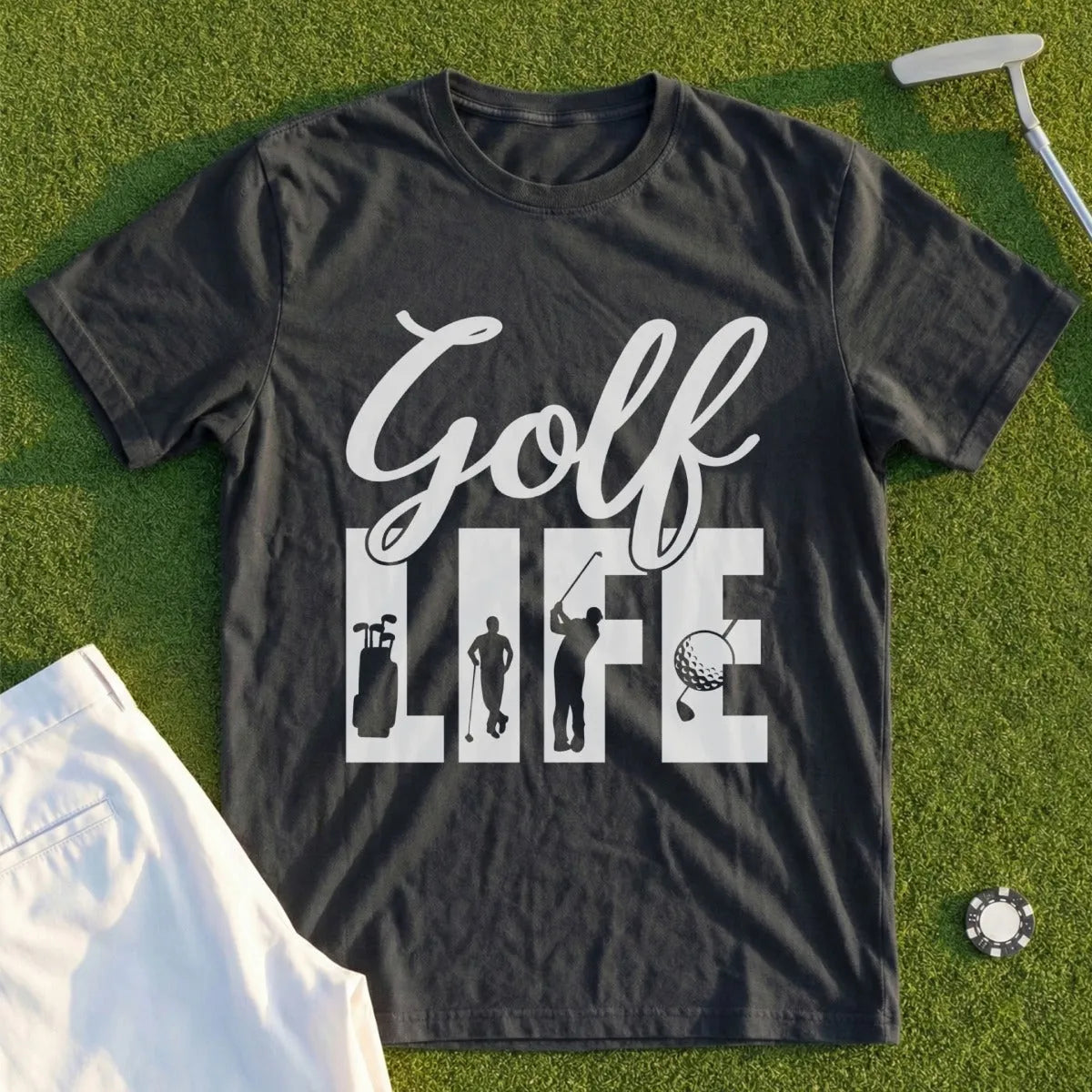 Black t-shirt with "Golf Life" text and golfer silhouette graphics.