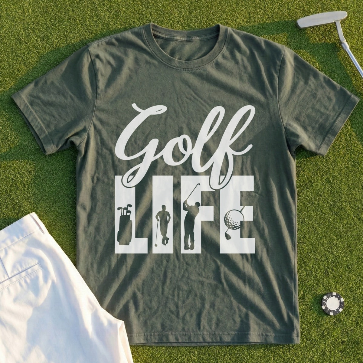 Green t-shirt with "Golf Life" text and golf graphics.
