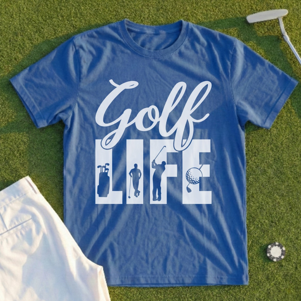 Blue t-shirt with "Golf Life" text and golf graphics.