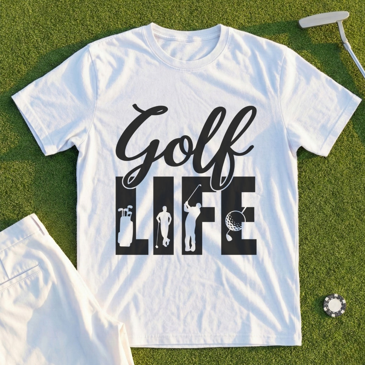 White t-shirt with "Golf Life" text and graphic golf elements.