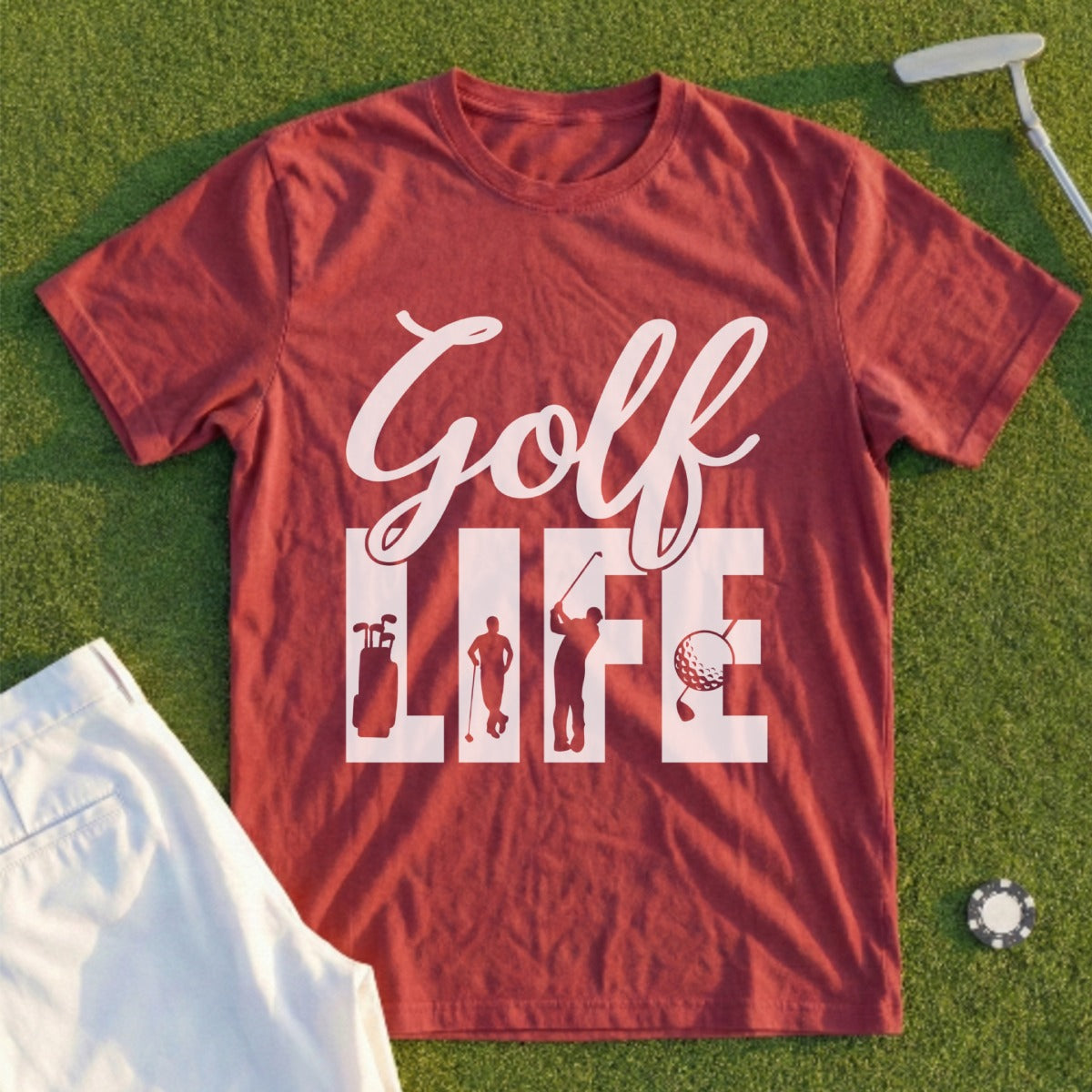 Maroon t-shirt with "Golf Life" text and golf graphic.